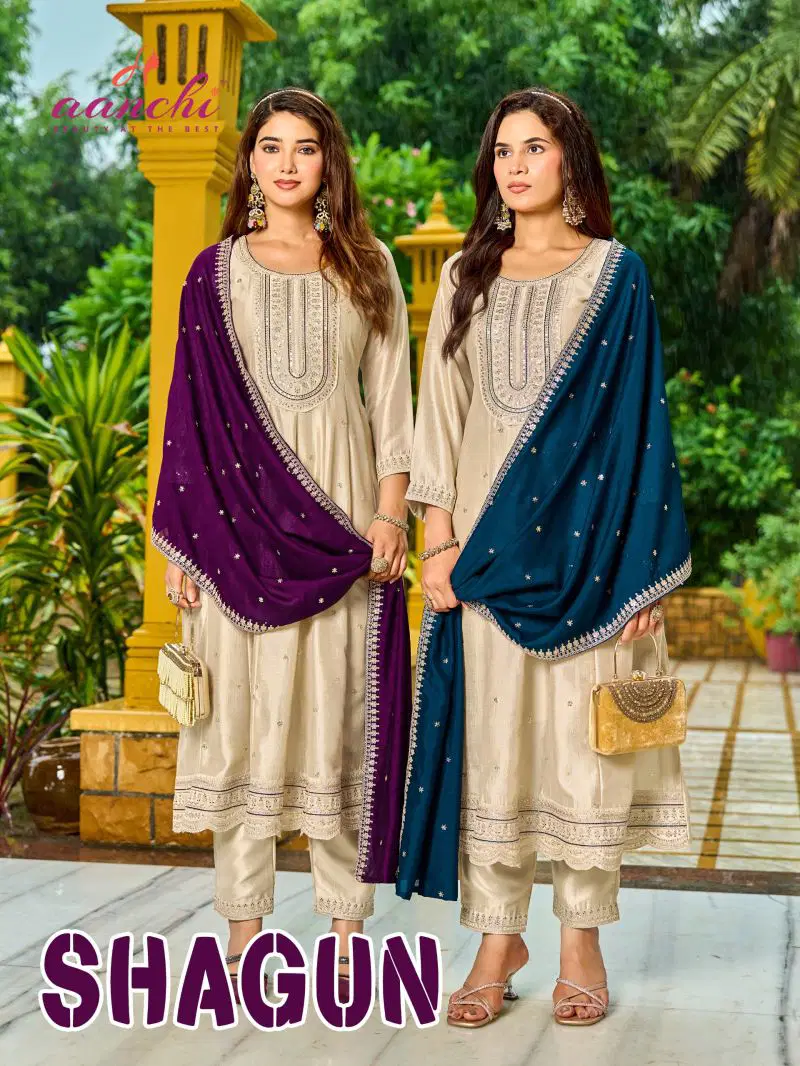 Aanchi Shagun Vichitra Silk Fancy Embroidered Kurti With Bottom Dupatta Wholesale