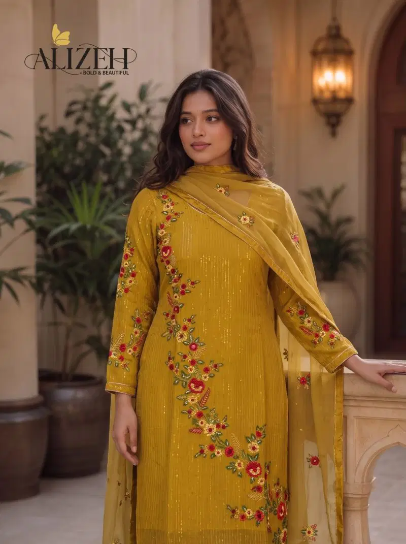 Alizeh 7102 To 7105 Georgette Sequence Embroidered Kurti With Bottom Dupatta Wholesale