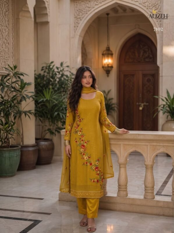 Stylish Alizeh 7102 To 7105 Georgette Sequence Embroidered Kurti With Bottom Dupatta Wholesale 2026