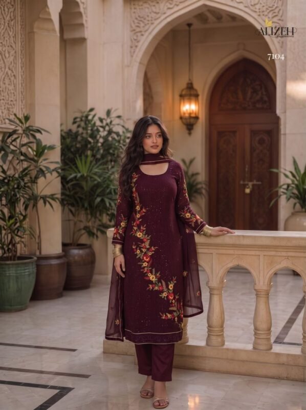 Stylish Alizeh 7102 To 7105 Georgette Sequence Embroidered Kurti With Bottom Dupatta Wholesale 2026