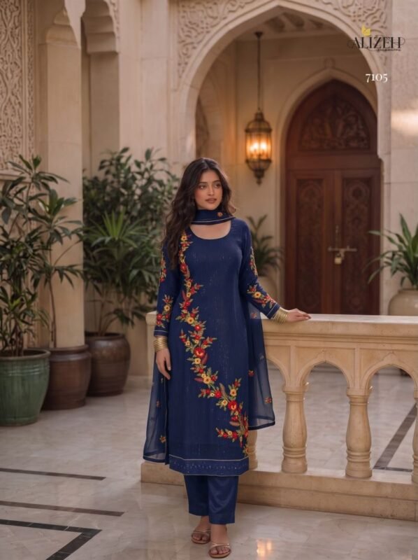 Stylish Alizeh 7102 To 7105 Georgette Sequence Embroidered Kurti With Bottom Dupatta Wholesale 2026