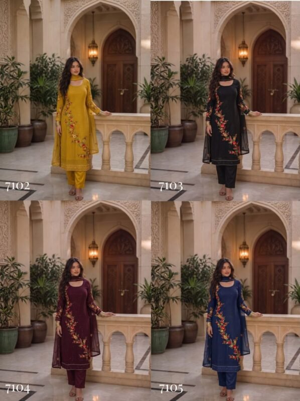 Stylish Alizeh 7102 To 7105 Georgette Sequence Embroidered Kurti With Bottom Dupatta Wholesale 2026
