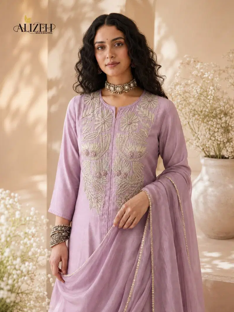 Alizeh 7106 To 7109 Roman Silk Embroidered Kurti With Bottom Dupatta Wholesale