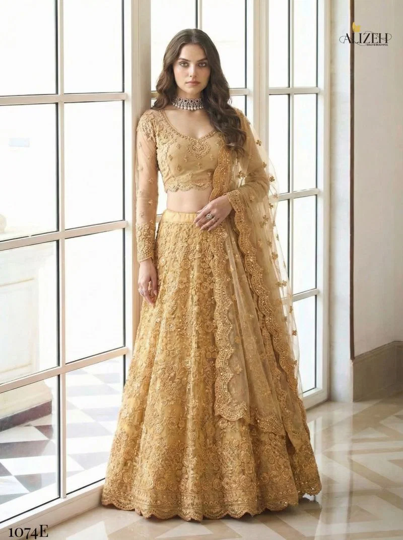 Alizeh Golden Special Butterfly Net Designer Lehenga Choli Collection Wholesale