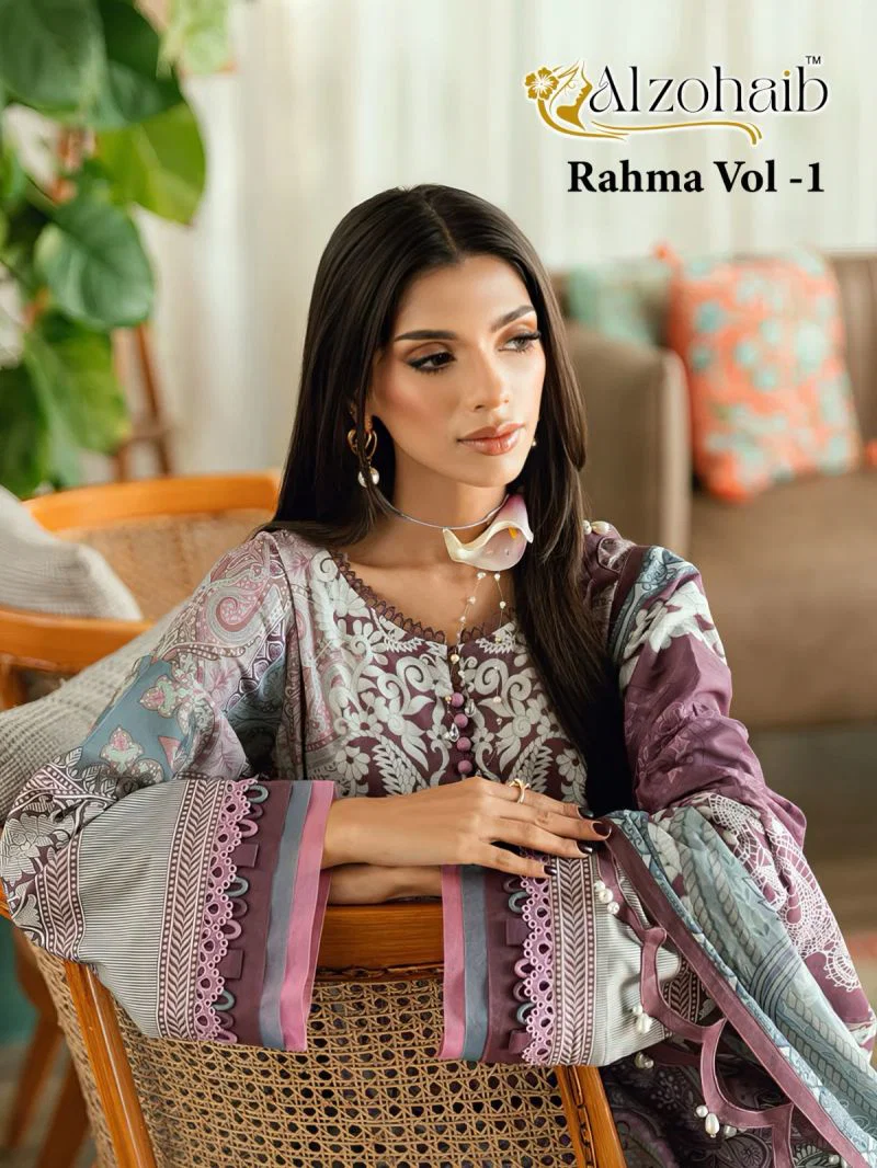 Alzohaib Rahma Vol 1 Chiffon Dupatta Cotton Patch Work Pakistani Suit Collection Wholesale
