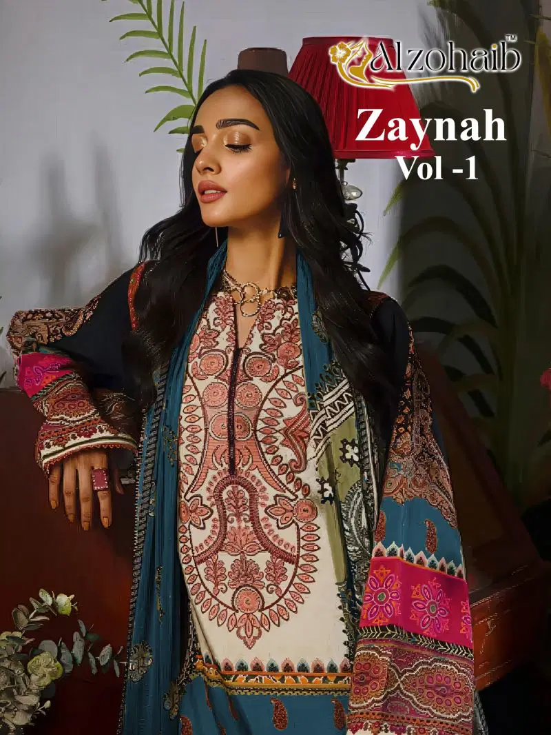 Alzohaib Zaynah Vol 1 Chiffon Dupatta Cotton Patch Work Salwar Kameez Wholesale