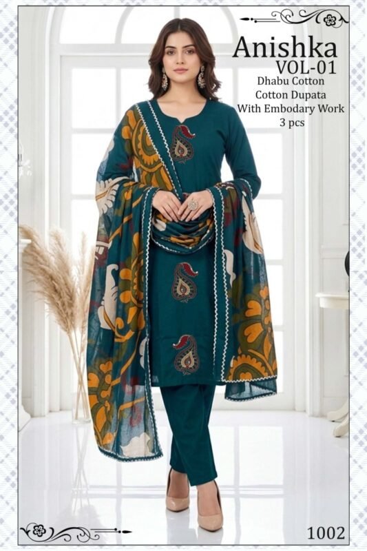 Buy Anishka Vol 1 Dhabu Cotton Embroidered Kurti Pant With Dupatta Wholesale 2026