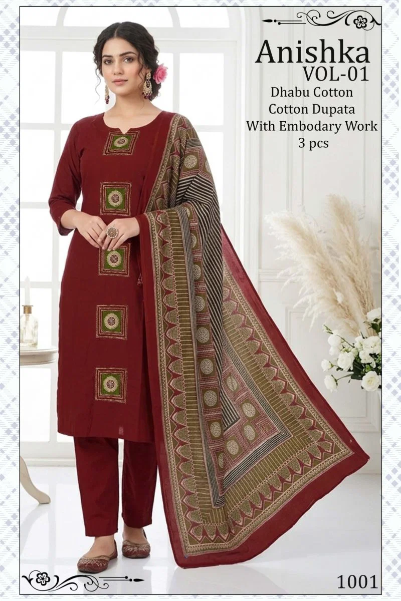 Buy Anishka Vol 1 Dhabu Cotton Embroidered Kurti Pant With Dupatta Wholesale 2026