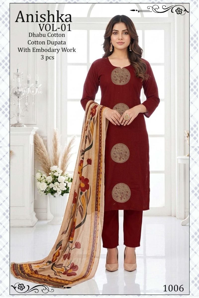 Buy Anishka Vol 1 Dhabu Cotton Embroidered Kurti Pant With Dupatta Wholesale 2026