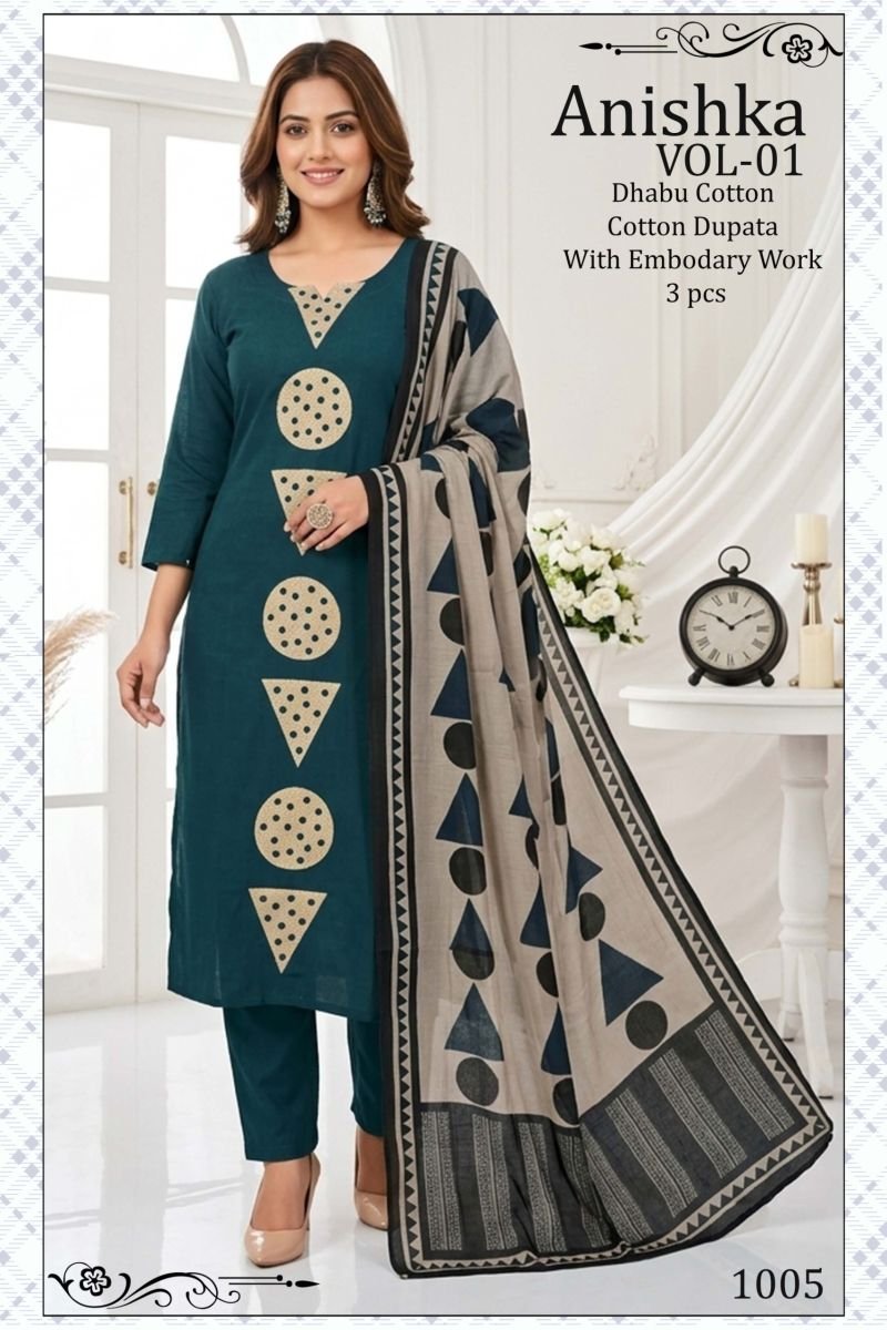 Buy Anishka Vol 1 Dhabu Cotton Embroidered Kurti Pant With Dupatta Wholesale 2026