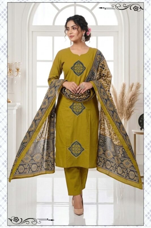 Buy Anishka Vol 1 Dhabu Cotton Embroidered Kurti Pant With Dupatta Wholesale 2026