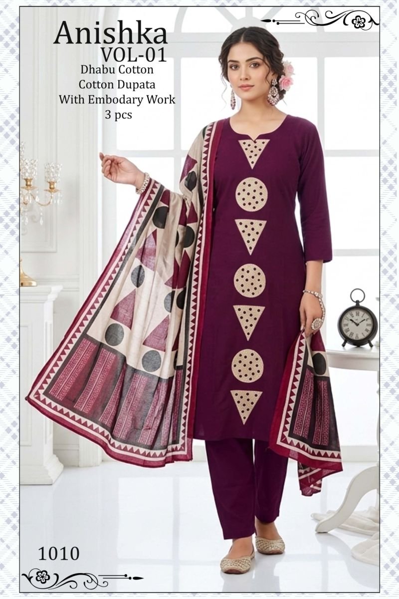 Buy Anishka Vol 1 Dhabu Cotton Embroidered Kurti Pant With Dupatta Wholesale 2026