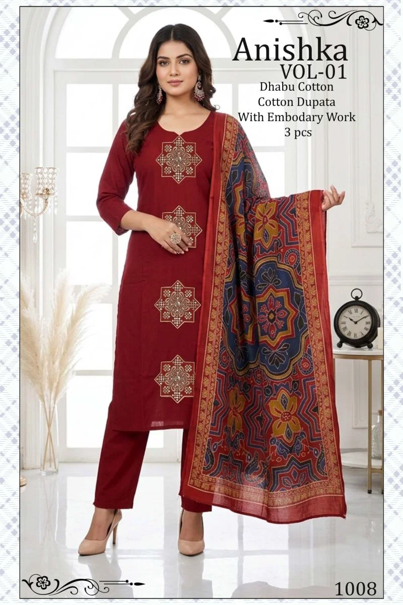 Buy Anishka Vol 1 Dhabu Cotton Embroidered Kurti Pant With Dupatta Wholesale 2026