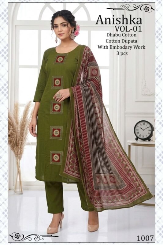 Buy Anishka Vol 1 Dhabu Cotton Embroidered Kurti Pant With Dupatta Wholesale 2026