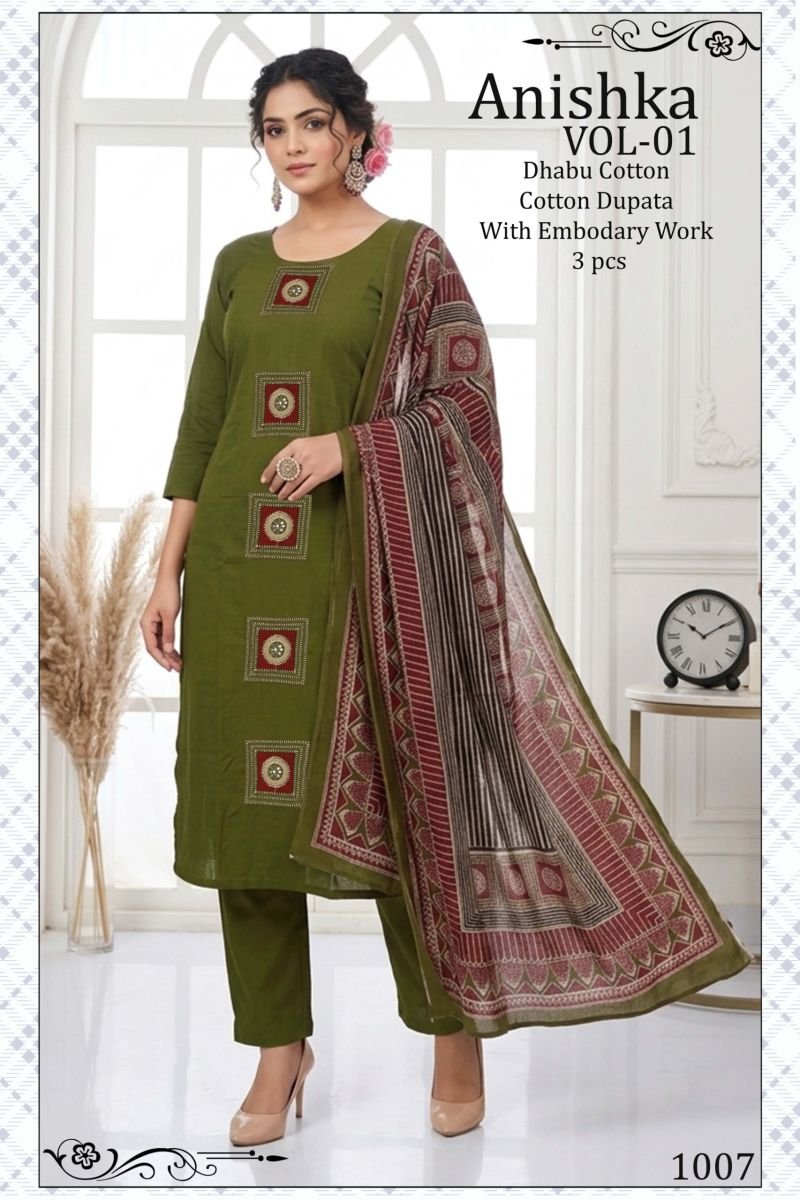 Buy Anishka Vol 1 Dhabu Cotton Embroidered Kurti Pant With Dupatta Wholesale 2026