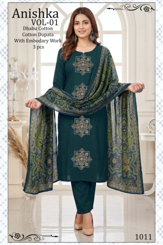 Buy Anishka Vol 1 Dhabu Cotton Embroidered Kurti Pant With Dupatta Wholesale 2026