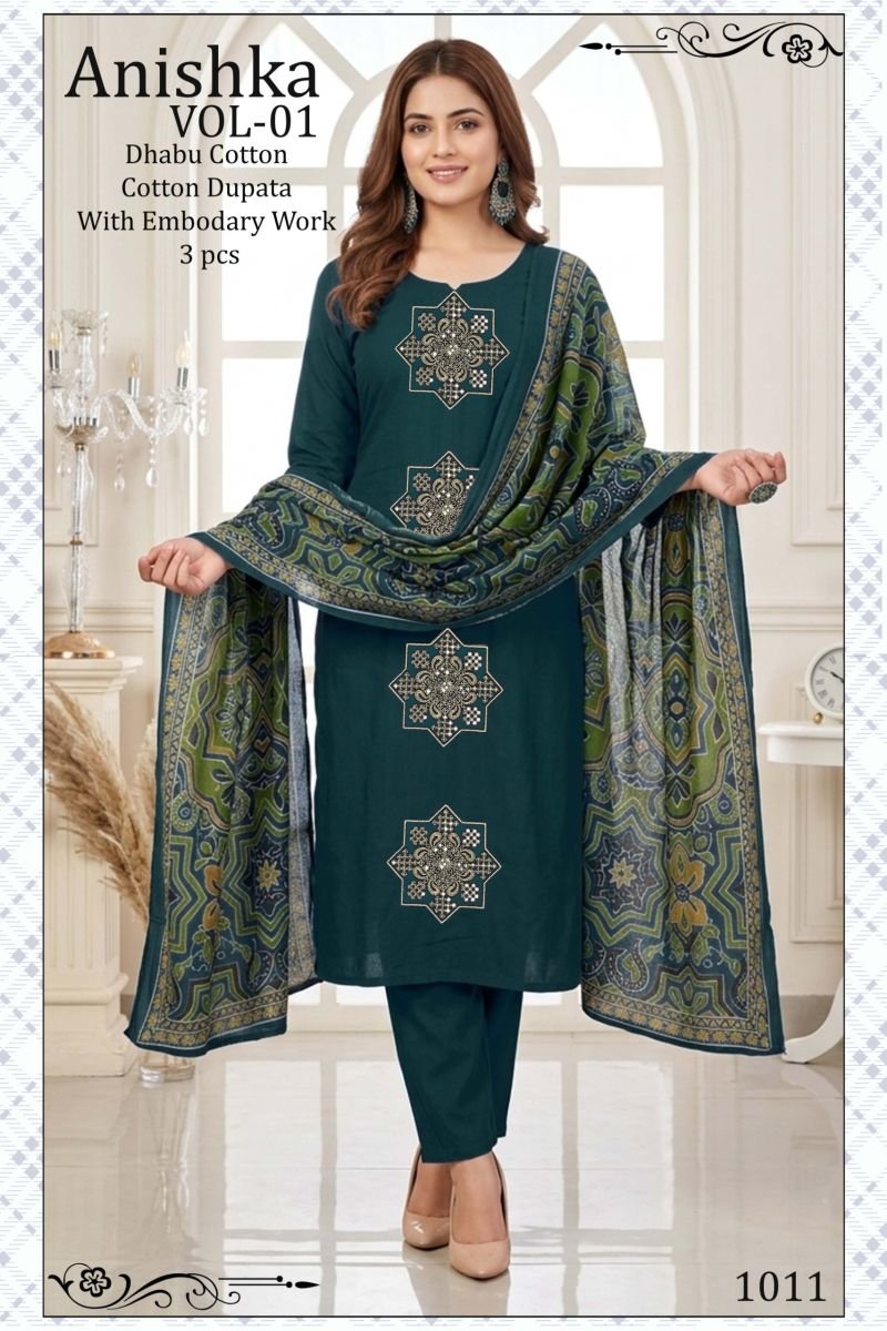 Buy Anishka Vol 1 Dhabu Cotton Embroidered Kurti Pant With Dupatta Wholesale 2026