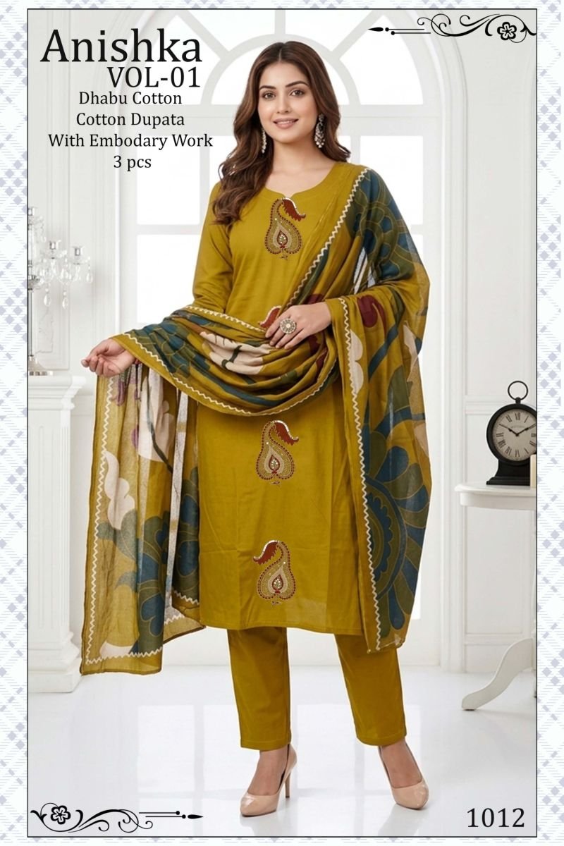Buy Anishka Vol 1 Dhabu Cotton Embroidered Kurti Pant With Dupatta Wholesale 2026