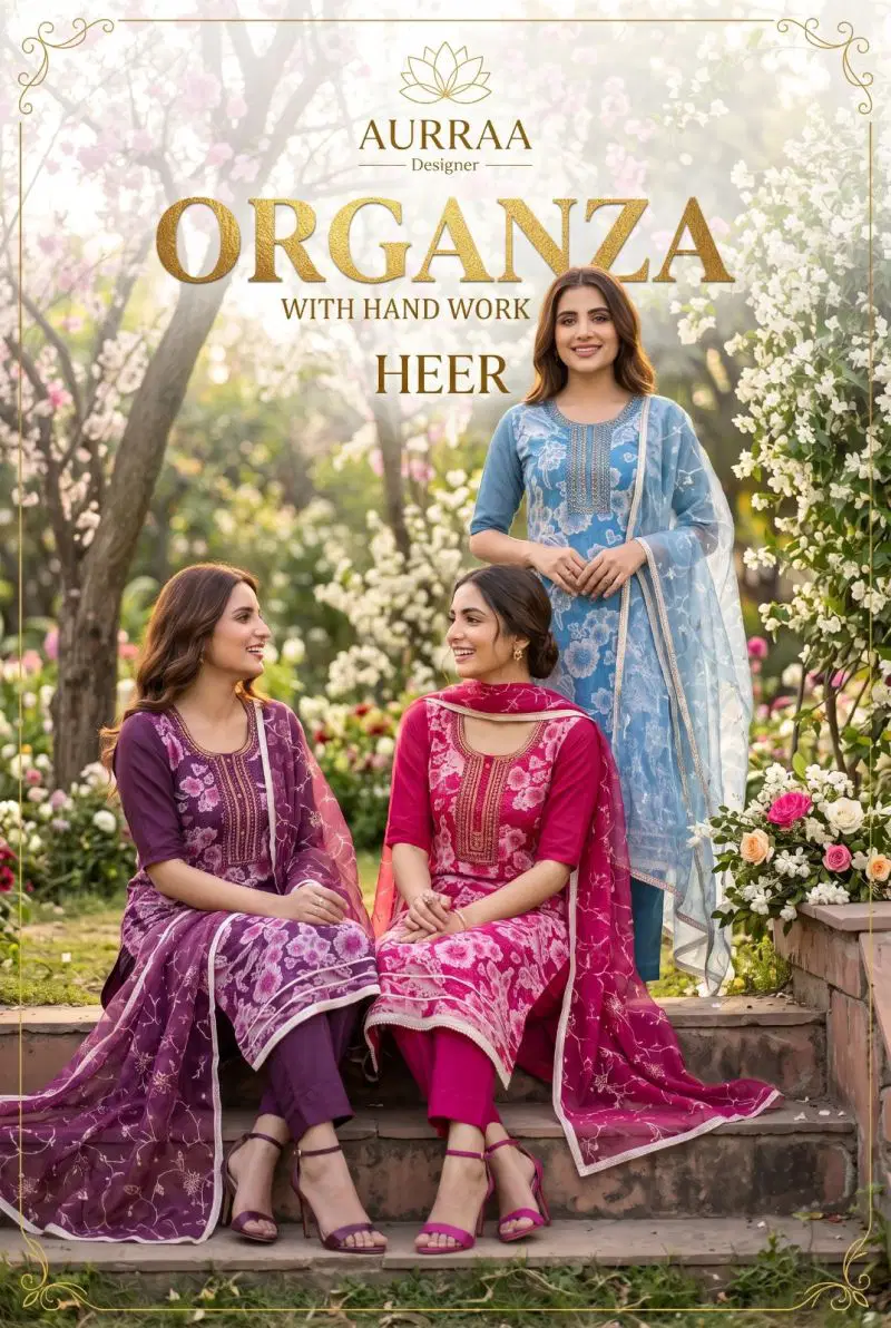 Aurraa Heer Organza Position Print And Hand Work Kurti With Bottom Dupatta Wholesale