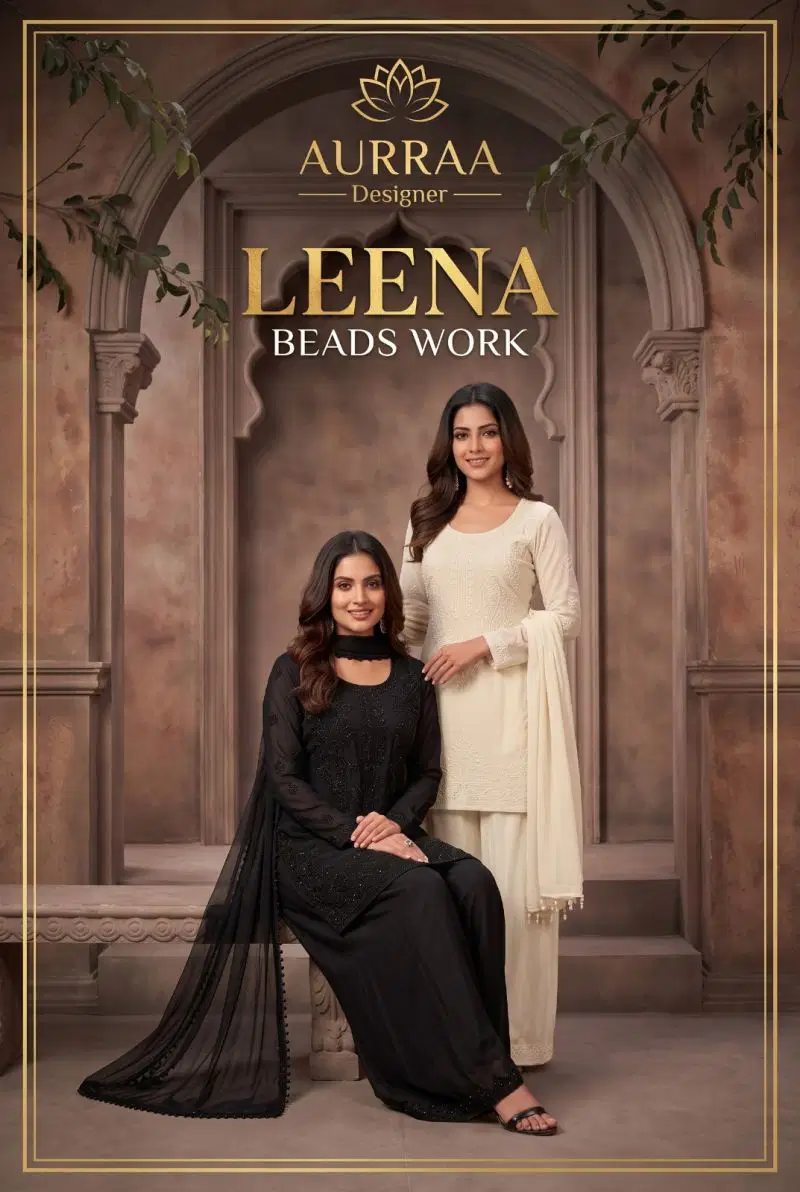 Aurraa Leena Chinon Beads Work Kurti Sharara With Dupatta Collection Wholesale