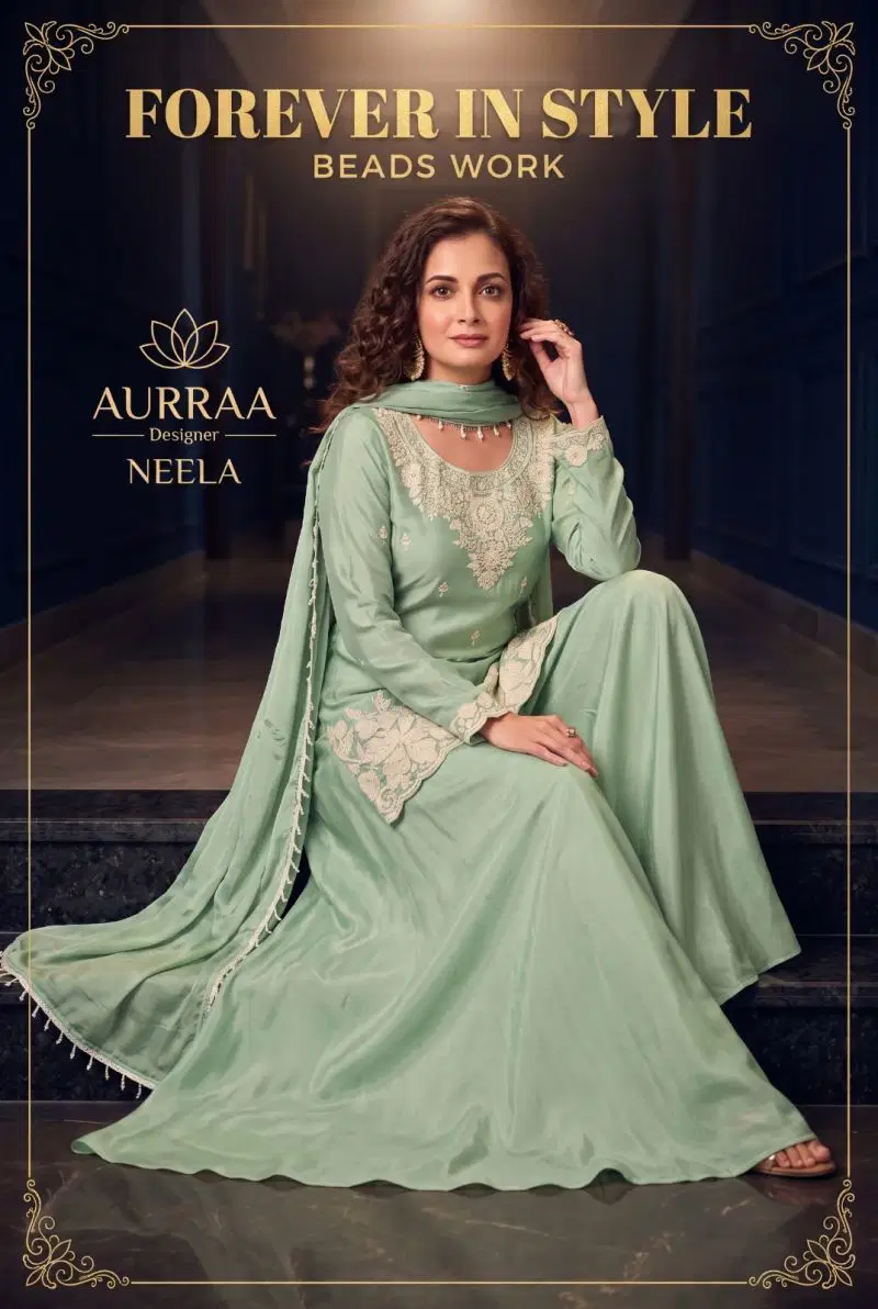 Aurraa Neela Chinon Beads Work Kurti With Bottom Dupatta Collection Wholesale
