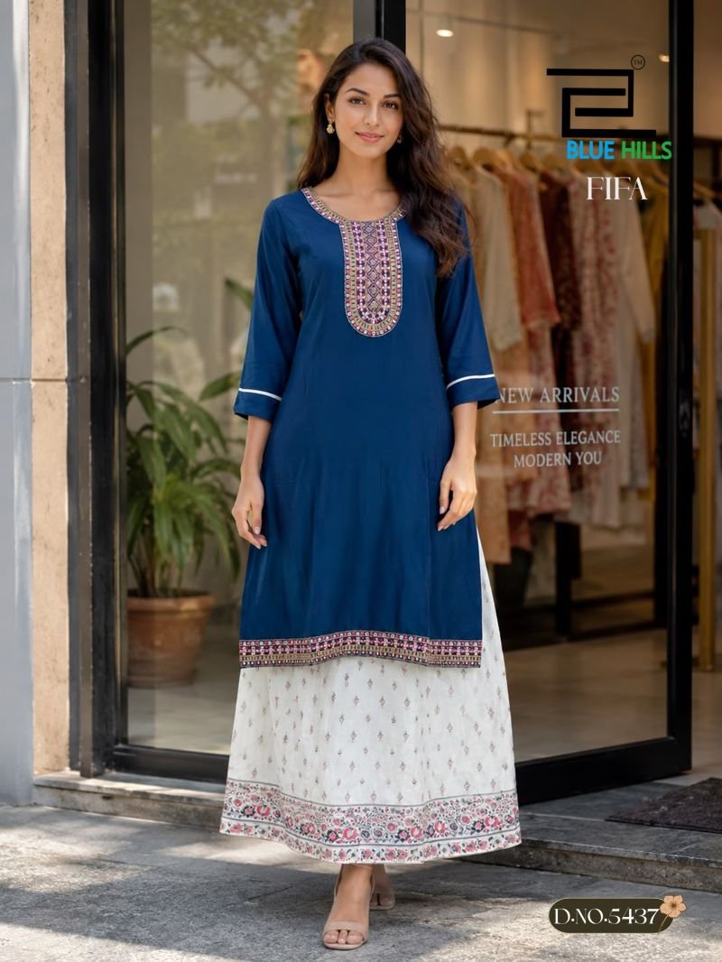 Stylish Blue Hills Fifa Embroidered Kurti With Skirt Collection Wholesale 2026