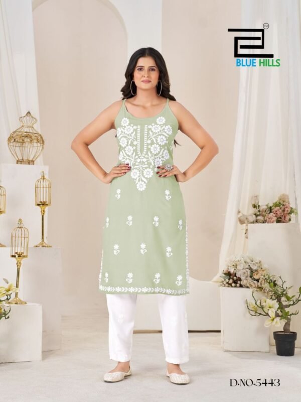 Stylish Blue Hills Hanshvi Rayon Thread Work Kurti With Bottom Wholesale 2026