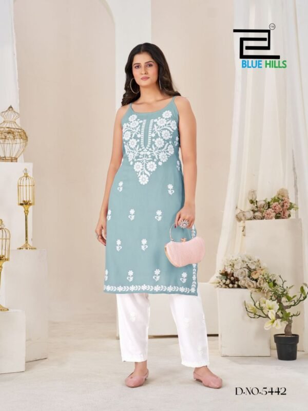 Stylish Blue Hills Hanshvi Rayon Thread Work Kurti With Bottom Wholesale 2026