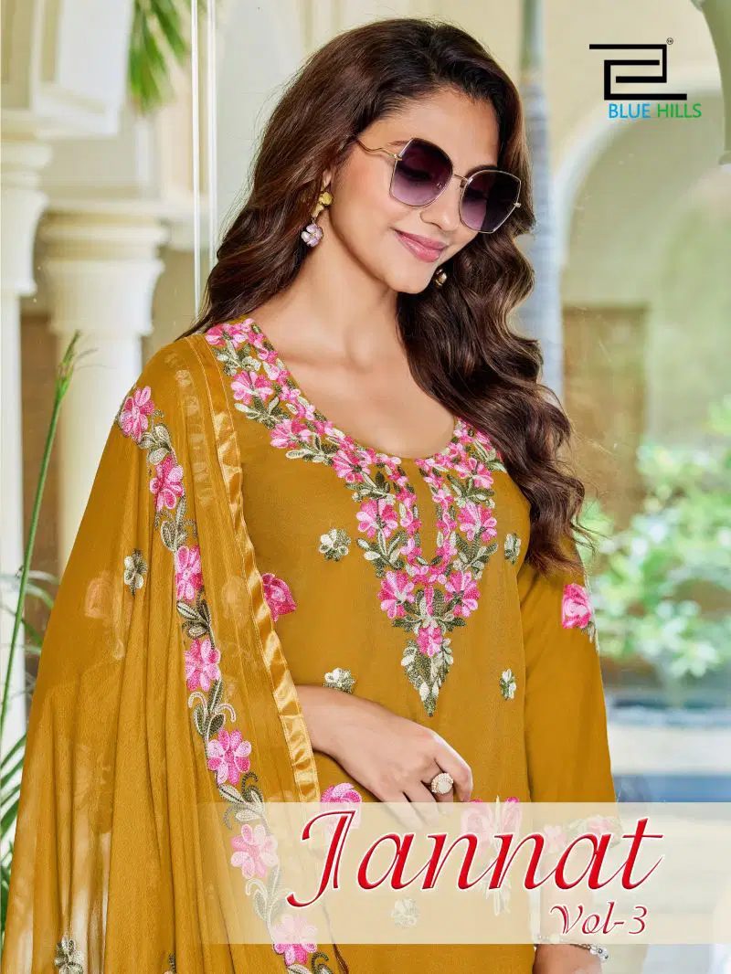 Blue Hills Jannat Vol 3 Rayon Embroidered Kurti With Bottom Dupatta Wholesale
