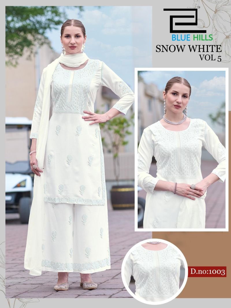 Beautiful Blue Hills Snow White Vol 5 Rayon Embroidered Kurti With Bottom Dupatta Wholesale 2026