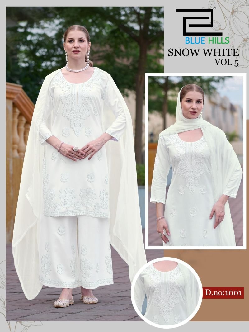 Beautiful Blue Hills Snow White Vol 5 Rayon Embroidered Kurti With Bottom Dupatta Wholesale 2026