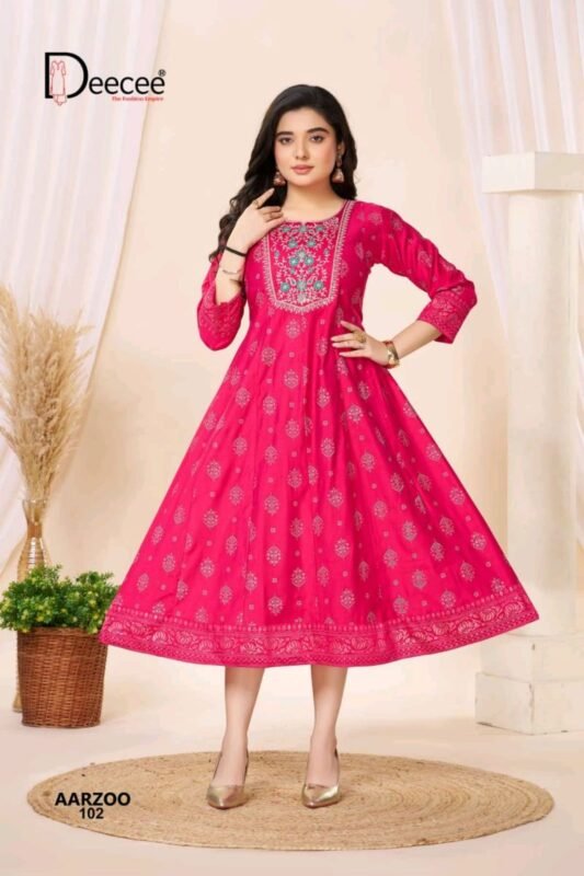 Latest Deecee Aarzoo Gadwal Foil Printed Flared Kurti Collection Wholesale 2026