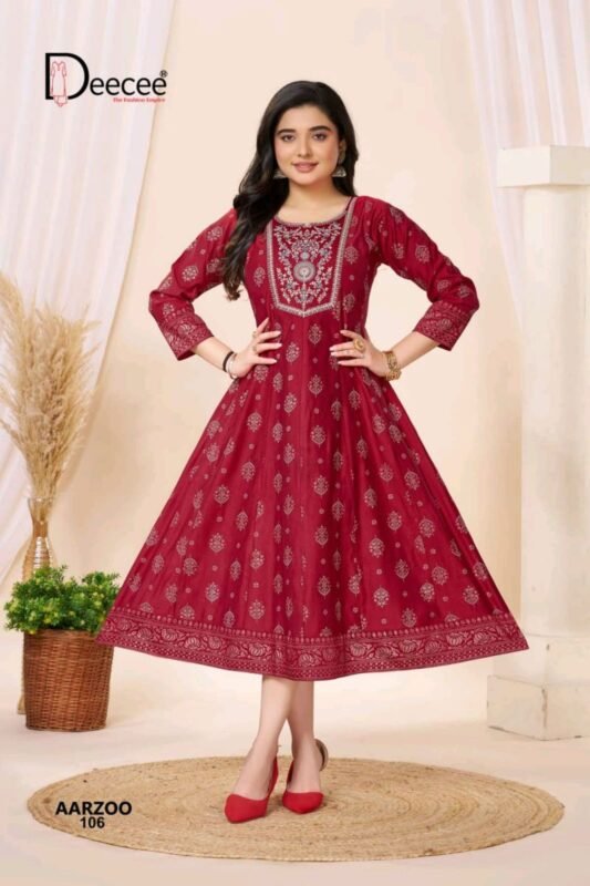 Latest Deecee Aarzoo Gadwal Foil Printed Flared Kurti Collection Wholesale 2026