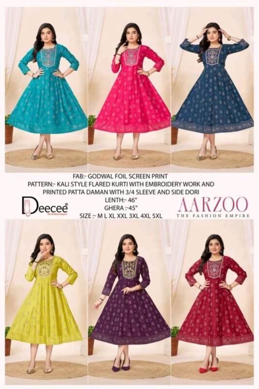 Latest Deecee Aarzoo Gadwal Foil Printed Flared Kurti Collection Wholesale 2026