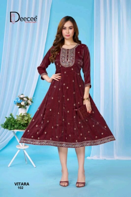 Latest Deecee Vitara Roman Glass Embroidered Flared Kurti Collection Wholesale 2026