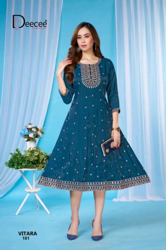 Latest Deecee Vitara Roman Glass Embroidered Flared Kurti Collection Wholesale 2026