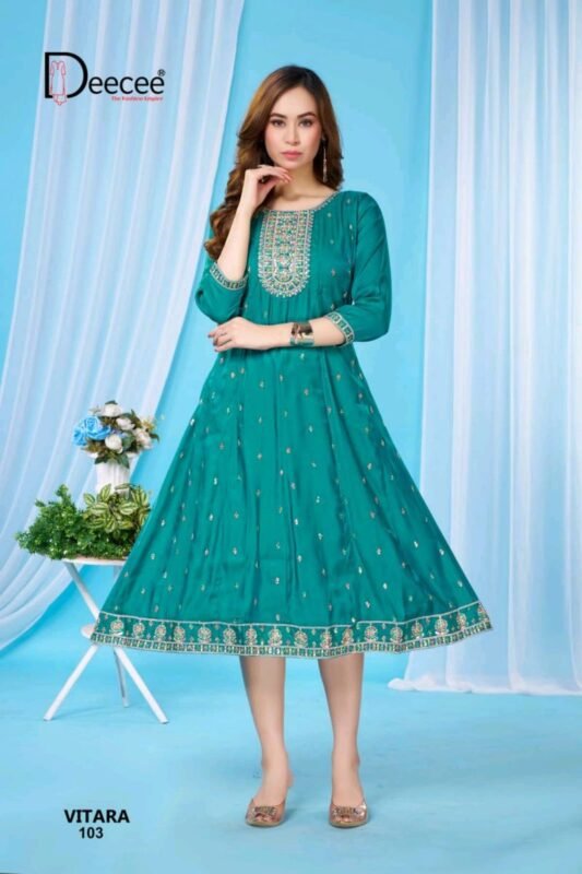 Latest Deecee Vitara Roman Glass Embroidered Flared Kurti Collection Wholesale 2026