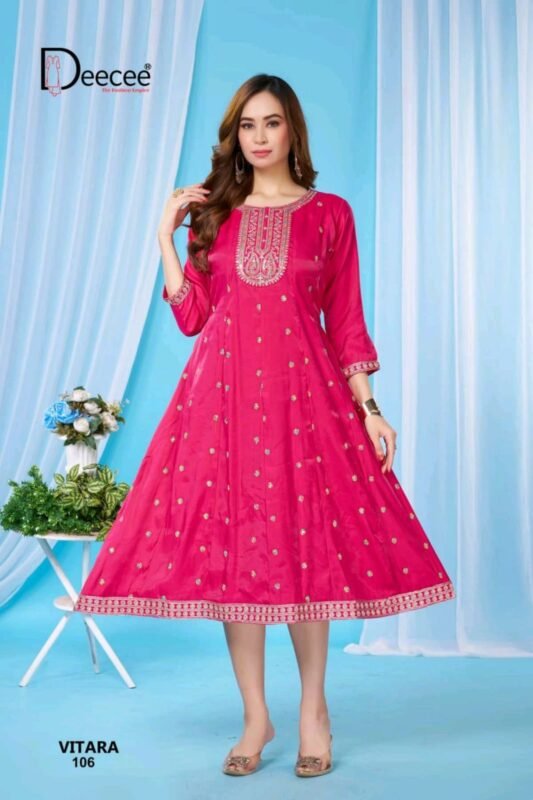 Latest Deecee Vitara Roman Glass Embroidered Flared Kurti Collection Wholesale 2026