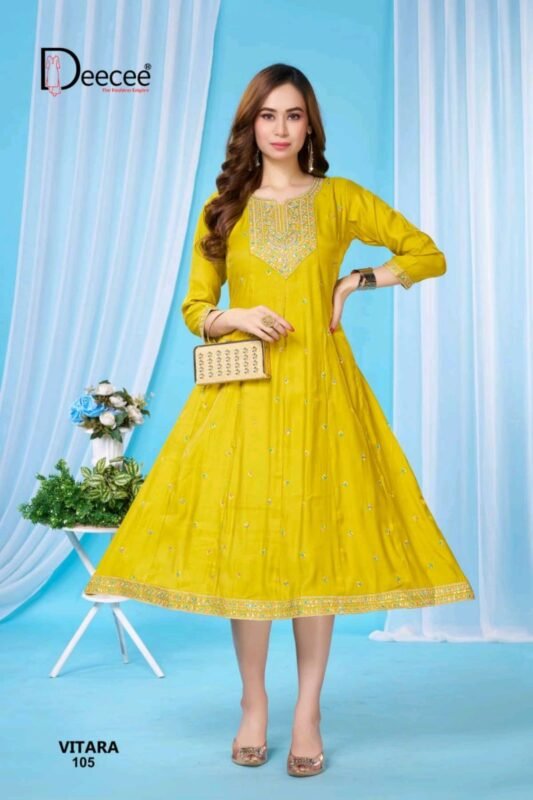 Latest Deecee Vitara Roman Glass Embroidered Flared Kurti Collection Wholesale 2026