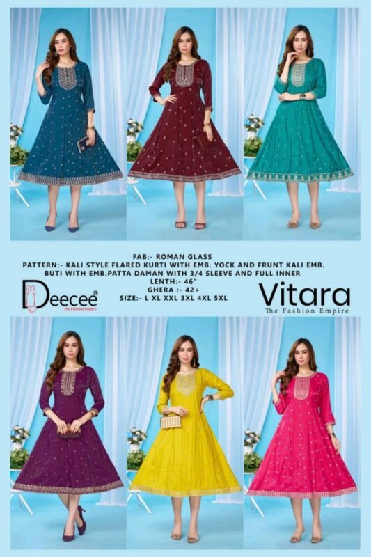 Latest Deecee Vitara Roman Glass Embroidered Flared Kurti Collection Wholesale 2026