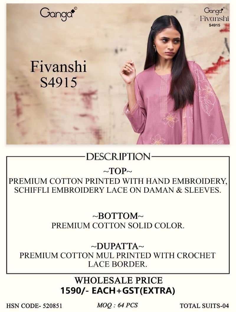 Launching Ganga Fivanshi 4915 Cotton Printed With Hand Embroidered Salwar Kameez Wholesale 2026