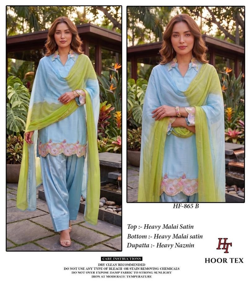 Stylish Hoor Tex 865 A To C Malai Satin Embroidered Salwar Kameez Wholesale 2026