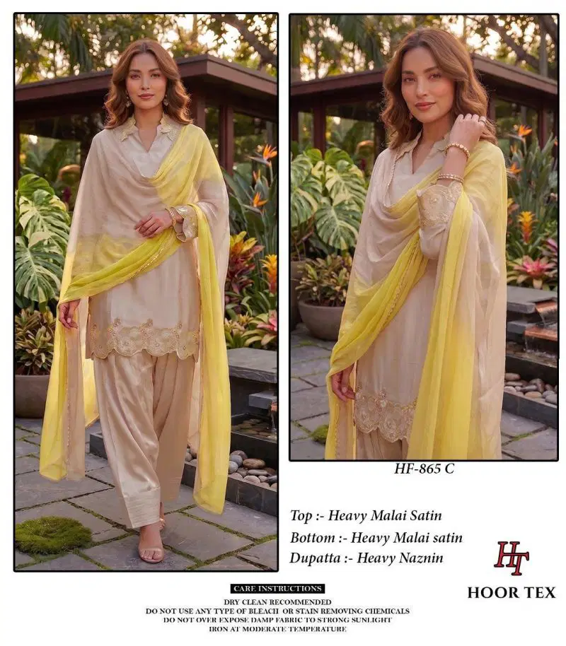 Stylish Hoor Tex 865 A To C Malai Satin Embroidered Salwar Kameez Wholesale 2026