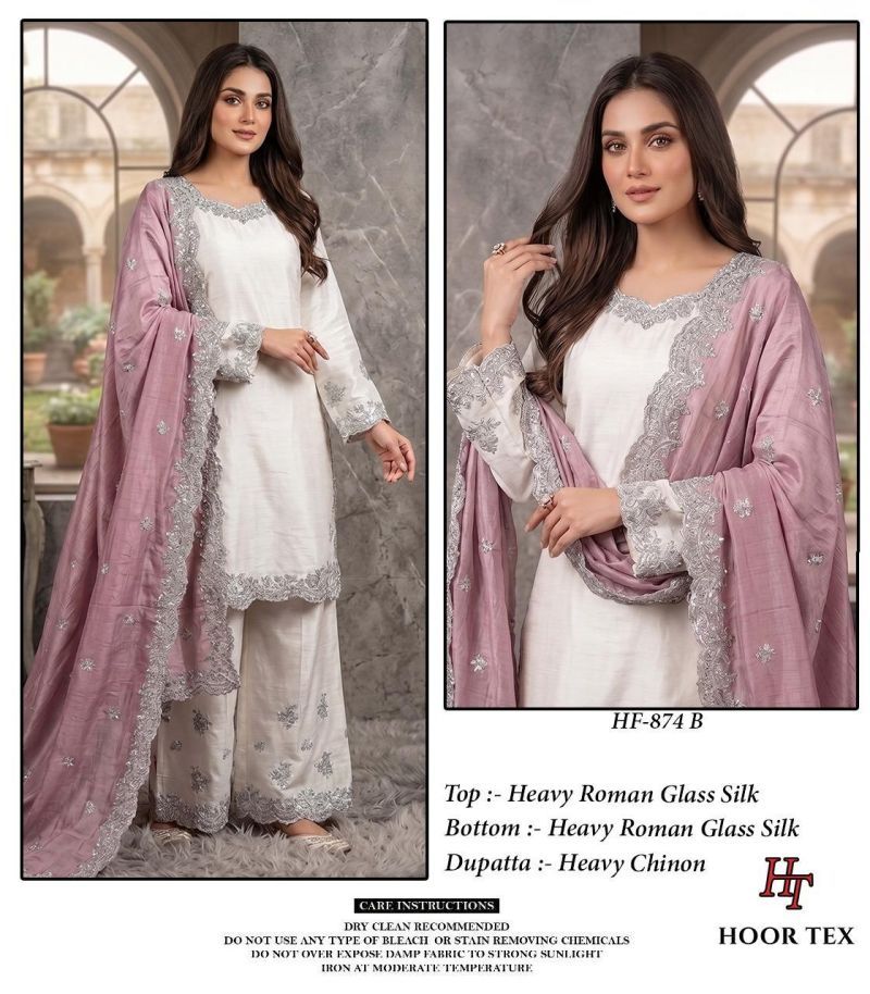 Latest Hoor Tex 874 A To D Roman Glass Silk Embroidered Salwar Kameez Wholesale 2026