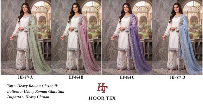 Latest Hoor Tex 874 A To D Roman Glass Silk Embroidered Salwar Kameez Wholesale 2026