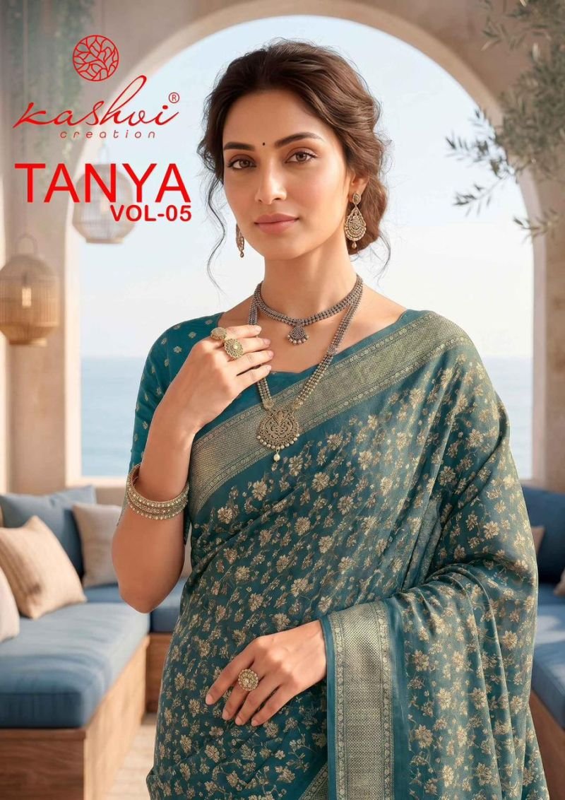 Kashvi Tanya Vol 5 Dull Moss Viscose Border Printed Saree Collection Wholesale