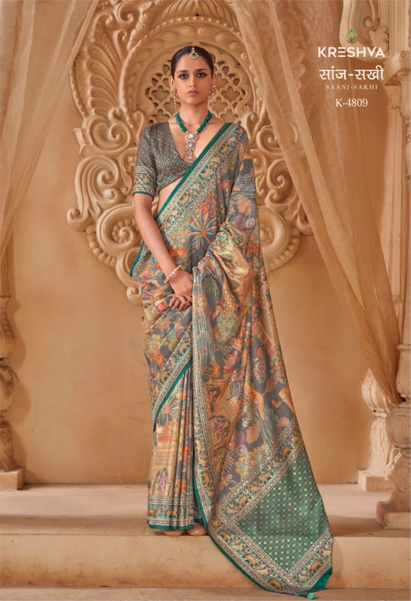 Kreshva Saanj Sakhi Pv Sik Position Printed Saree Collection Wholesale