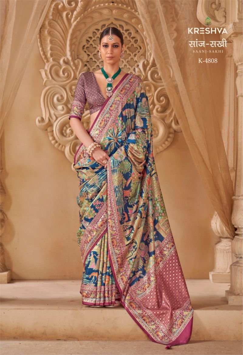 Kreshva Saanj Sakhi Pv Sik Position Printed Saree Collection Wholesale