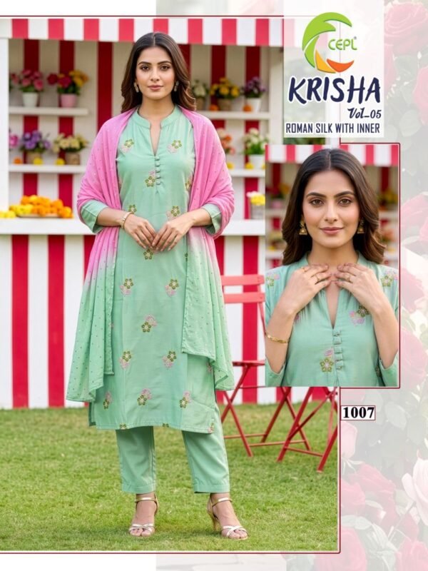 Latest Krisha Vol 5 Roman Silk Fancy Kurti With Bottom Dupatta Wholesale 2026