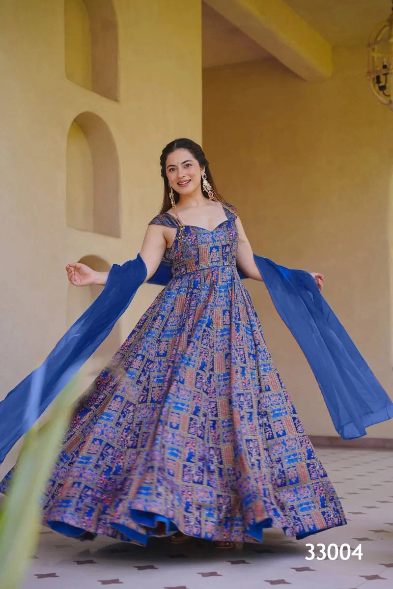 Launching Lucaya Vol 33 Silk Digital Printed Flared Gown With Dupatta Collection Wholesale 2026